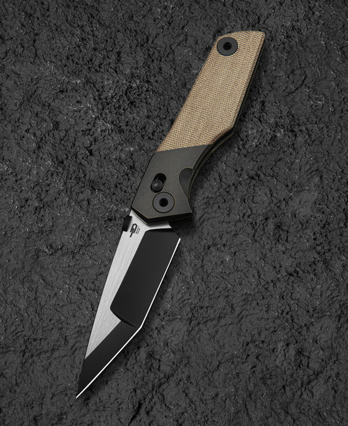 Bestech Knives Cetus (BTKT2304B) 3.94" M390 Black Satin Tanto Plain Blade, Black/Brown Micarta + Titanium Handle