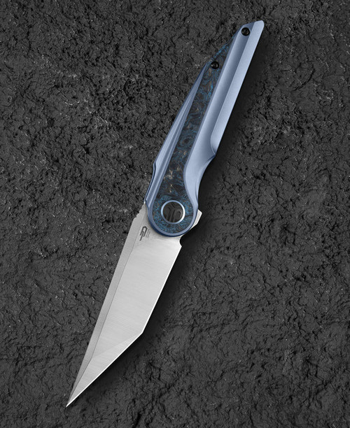 Bestech Knives Blind Fury (BTKT2303A) 3.62" M390 Satin + Stonewash Tanto Plain Blade, Black/Blue Titanium + Carbon Fiber Handle