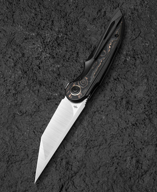 Bestech Knives Blind Fury (BTKT2303B) 3.62" M390 Stonewash/Satin Tanto Plain Blade, Copper/Black Carbon Fiber + Titanium Handle