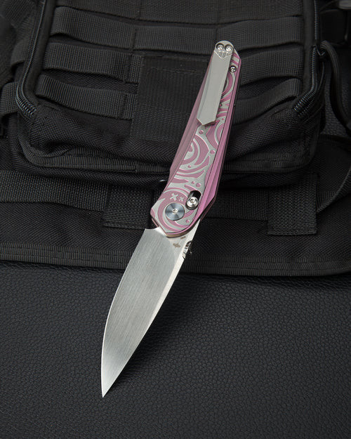 Bestech Knives Mothus (BTKT2206E) 3.47" M390 Satin Drop Point Plain Blade, Purple Titanium Handle