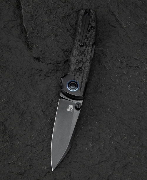 Bestech Knives Tonic (BTKT2204E) 2.89" M390 Black Stonewashed Sheepsfoot Plain Blade, Black Carbon Fiber + Titanium Handle