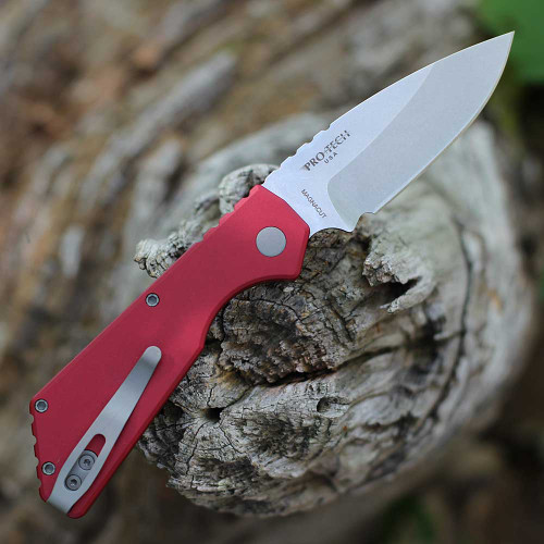 Pro-Tech Strider PT+ (PT201-Red) 3" CPM-MagnaCut Stonewashed Drop Point Plain Blade, Red Solid Aluminum Handle with Push Button Open