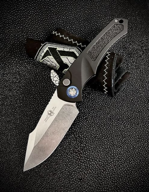 Heretic Knives Pariah Automatic (H048-2A) 3.75" MagnaCut Drop Point Stonewash Plain Blade, Black Aluminum Handle with Black Griptape Inlays