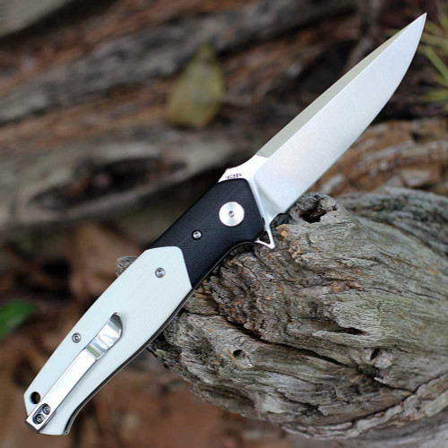 Bestech Knives Swordfish (BTKG62B) 3.94" 14C28N Satin Drop Point Plain Blade, Black + White G-10 Handle