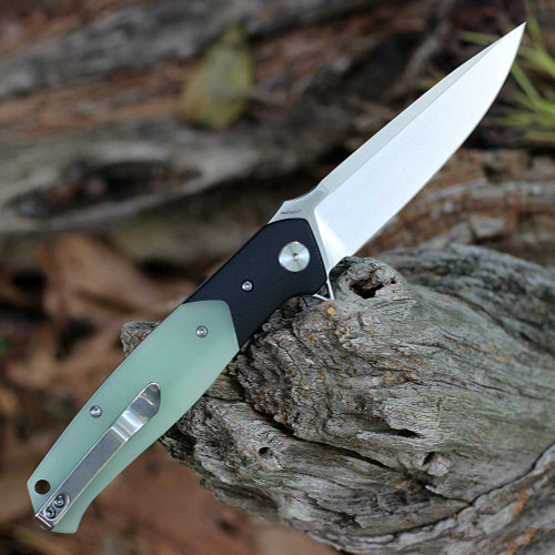 Bestech Swordfish (BTKG03L) 3.94" CPM-Magnacut Satin Drop Point Plain Blade, Jade G-10 Handle with a Black G-10 Bolster