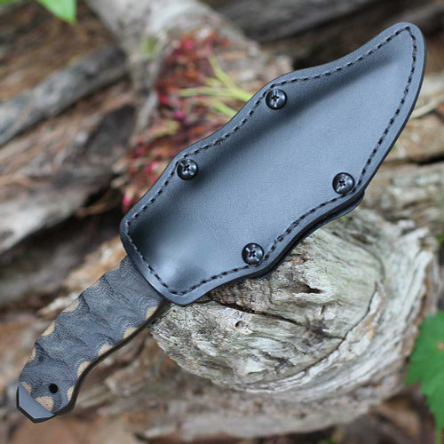 Winkler Knives Spike (WK033) 5.25" 80CRV2 High Carbon Tool Steel No-Glare Black Oxide Coated Clip Point Plain Blade, Black and Tan Sculpted Micarta, Black Leather Sheath