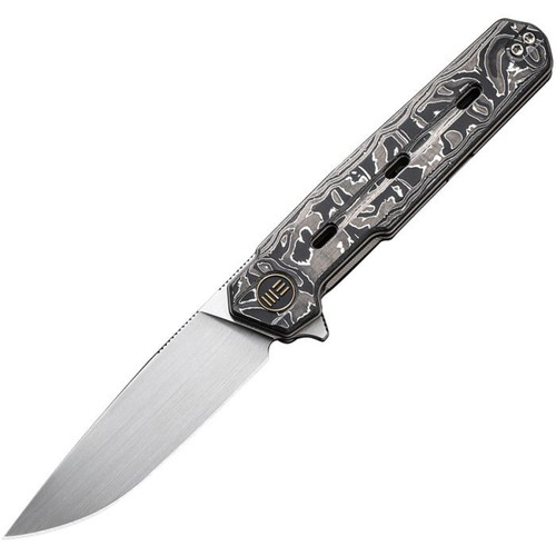 We Knife Navo (WE220266) 3.25" CPM-20CV Satin Drop Point Plain Blade, Black and White Aluminum Foil Carbon Fiber Handle