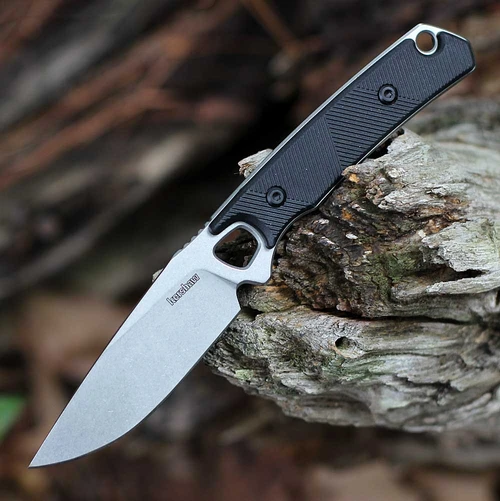 Kershaw Steppe 2048 fixed blade knife showing the 3.55-inch stonewashed D2 blade and black textured handle.