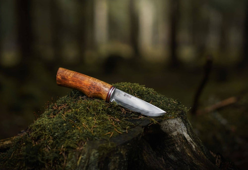Helle Futura (HE155) 4.13" H3LS Triple Laminated Stainless Steel Drop Point Plain Blade, Curly Birch Wood Handle, Brown Genuine Leather Sheath