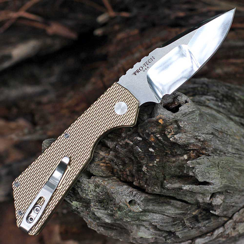 Pro-Tech 2024 Strider PT+ 005 Custom - 3.94" CPM-154CM Hand Mirror Polished Drop Point Mike Irie Compound Ground Drop Point Blade, Textured AlBronze Handle with Mother of Pearl Push Button