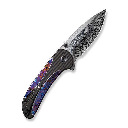 WE Knife Zizzit (WE23031DS1) 3.8" Damascus Drop Point Plain Blade, Black Titanium Handle with Flamed Timascus Inlay