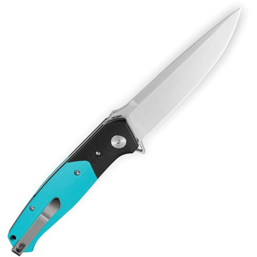 Bestech Swordfish (BTKG62F) 3.94" 14C28N Satin Spear Point Plain Blade, Black+Tiffany Blue G-10 Handle