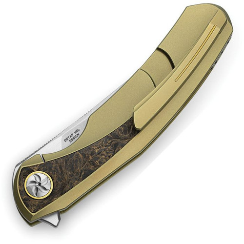 Bestech Sambac (BTKT2402A) 3.62" CPM-MagnaCut Stonewashed and satin Trailing Point Plain Blade, Gold Titanium Handle with Dark Matter Fat Carbon Fiber Inlay