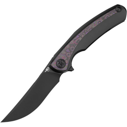 Bestech Sambac (BTKT2402B) 3.62" CPM-MagnaCut Blackwashed Trailing Point Plain Blade, Black Titanium Handle with Purple Haze Fat Carbon Fiber Inlay