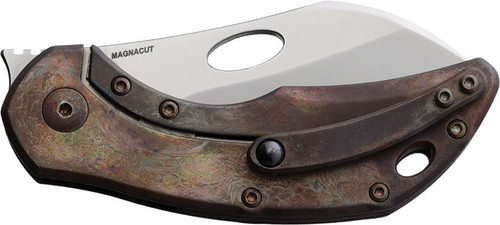 Olamic Custom Busker (BCFLA122) 2.83" Sheepsfoot Satin Magnacut Plain Blade, Red and Black Carbon Fiber Front Handle, Titanium Back Handle