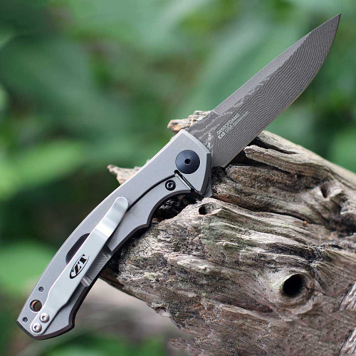 Zero Tolerance Sinkevich (ZT0450CFDAM) 3.25" Damascus Drop Point Plain Blade, Marbled Fat Carbon Handle with Titanium Back Handle