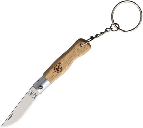 Main Knives Mini Line Key Chain Folder (6000) 1.77" 440A Drop Point Plain Blade, Beech Wood Handle, Stainless Steel Key Chain