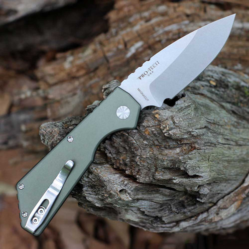 Pro-Tech Strider PT+ 2024 Blade Show Atlanta (PTPTATL)3.0" Stonewash Magancut Drop Point Plain Blade, Green  Aluminum Handle with MOP Push Button