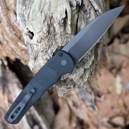 Pro-Tech Malibu Blade Operator Edition (5336OP) 3.5" Magnacut Black DLC Wharncliffe Plain Blade, Black Dragon Scale Handle, Tritium Push Button, Black Titanium Clip