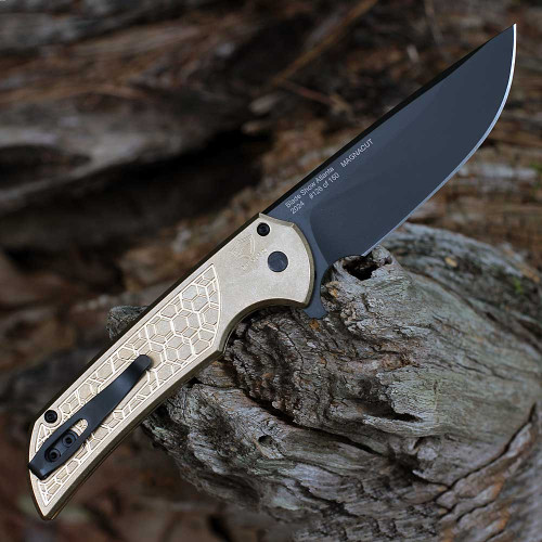 Pro-Tech Mordax Button Lock Flipper Knife Blade Show Altlanta 2024 (MORDAXATL) - 3.62" MAGNACUT Black DLC Coated Plain Blade, Stonewash Gridlock AlBronze Handle, Black Lip Pearl Button,