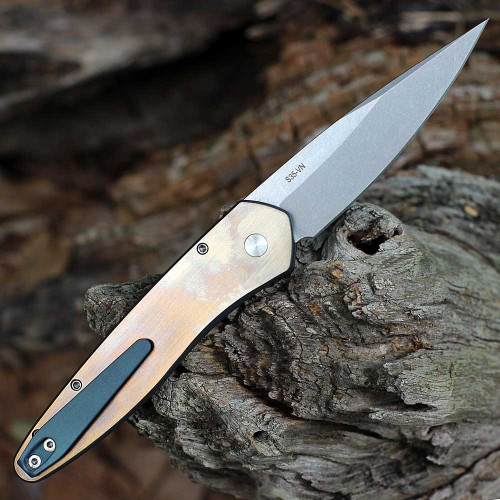 Pro-Tech Newport Auto 2024 Blade Show ATL Custom 002(24NEWPORT002) 3" Stonewashed CPM-S35VN Spear Point Plain Blade, 2-Tone Blasted Green and Bronze Flats with a Titanium Frame, Abalone Button, Titanium Clip