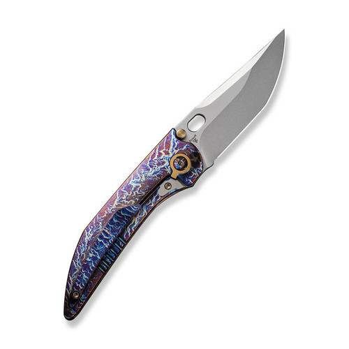 WE Knives Attor (WE230372) 3.55" CPM-20CV Polished Bead Blasted Modified Persian Plain Blade, Flamed Titanium Integral Holden with Golden Titanium Inlay