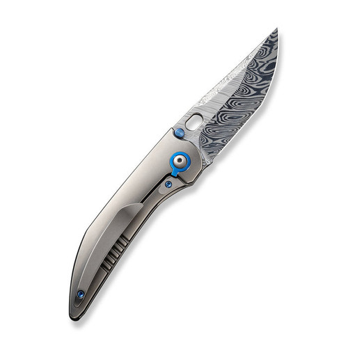 WE Knives Attor (WE23037DS1) 3.55" Heimskringla Damascus Modified Persian Plain Blade, Polished Bead Blasted Titanium Integral Handle with Timascus Inlay