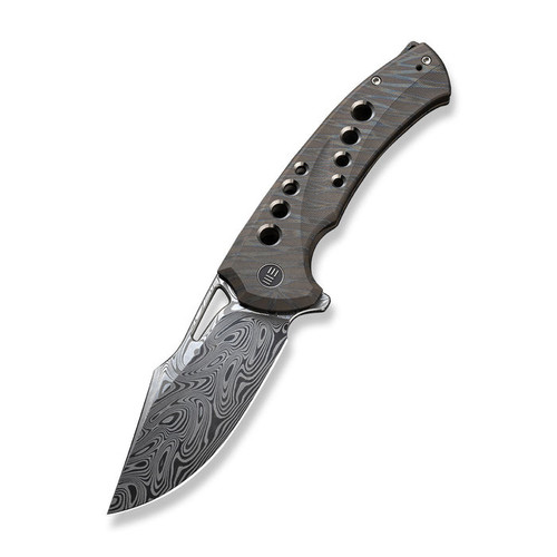 WE Knife Swiftfin (WE23051DS1) 3.8" Thor Damascus Modified Clip Point Plain Blade, Tiger Stripe Pattern Flamed Titanium Handle with Satin Holes