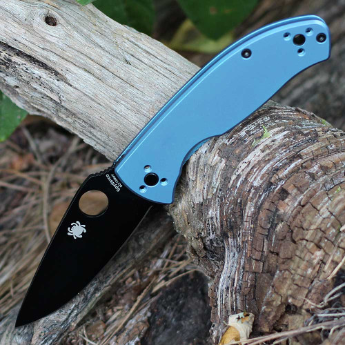 Spyderco Tenacious R.I.L. C122TIBLBK blue titanium handle open view showing black oxide 8Cr13MoV plain blade