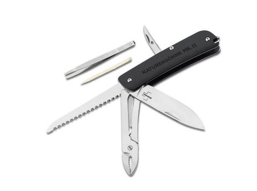 Boker Plus Naturensohne MK. II (01BO897) 2.80" Sandvick 12C27 Satin Drop Point Plain Blade, Black G-10 Handle, 7 Tools