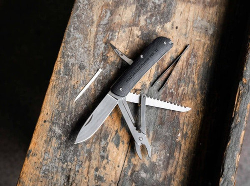 Boker Plus Naturensohne MK. II (01BO897) 2.80" Sandvick 12C27 Satin Drop Point Plain Blade, Black G-10 Handle, 7 Tools