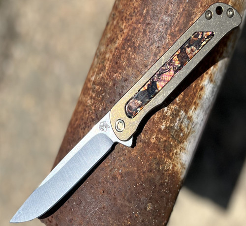 Medford Knife & Tool T-Bone Frame Lock ( MK2154TD-36A1-T1C1-Q4)- 4.0" S45VN Tumbled Drop Point Blade, Tumbled Bronze Titanium Handle with Safari Inlay,  Bronze Hardware and Clip