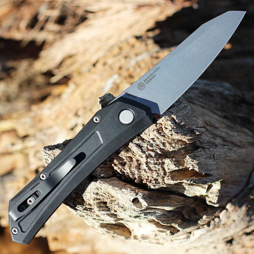 Pro-Tech Oligarch Sinkevich Design (DS101) - 3.25" stonewashed Magnacut Plain Wharncliffe Blade, Black Aluminum HPro-Tech Oligarch Sinkevich Design (DS101) - 3.25" Machine Satin Magnacut Plain Wharncliffe Blade, Black Aluminum Handle, Blasted Hardware, Black Clipandle, Blasted Hardware, Black Clip
