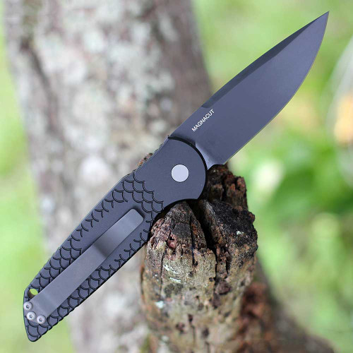 Pro-Tech TR-3 X1 MC Tactical Response 3, 3.5" Magnacut Black Clip Point Blade, Black 6061-T6 Aluminum Fish Scale Handle, Blasted Hardware, Black Clip