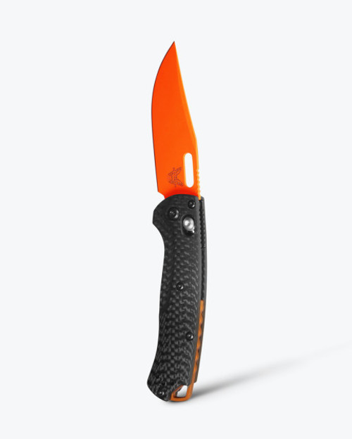 Benchmade Mini Taggedout (15533OR-01) 3.04" CPM-MagnaCut Orange Cerakote Coated Clip Point Plain Blade, Black Carbon Fiber Handle