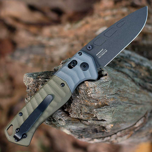 Benchmade PSK (593BK) 3.45" CPM-MagnaCut Cobalt Cerakote Coated Drop Point Plain Blade, Textured OD Green G-10 Handle w/ Textured Gray G-10 Bolster