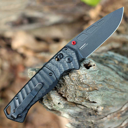 Benchmade PSK (593BK-01) 3.45" CPM-MagnaCut Black Cerakote Coated Drop Point Plain Blade, Textured Black G-10 Handle w/ Textured Black Carbon Fiber Bolster