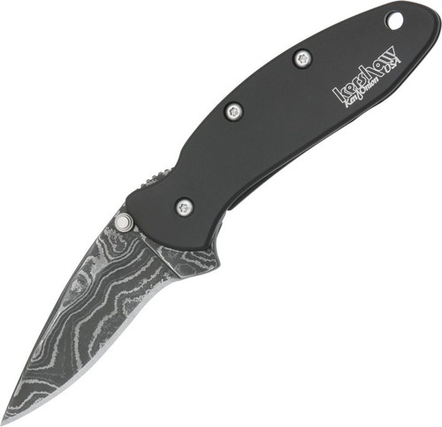 Kershaw Chive 1600DAMCKT assisted knife showing the 2-inch Damascus drop point blade and black aluminum handle.