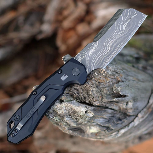 Kershaw Launch 14 Auto - 3.375" Damascus Cleaver Blade, Gray Aluminum & Black Carbon Fiber Inlay Handle USA Made - 7850BLKDAM
