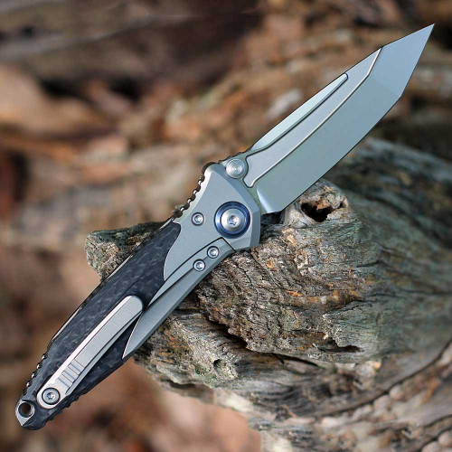 Microtech Socom Bravo Mini (MCT261M7CFTI) 3.38" Premium Steel Bead Blasted Tanto Plain Blade, Bead Blasted Titanium Handle w/ Black Carbon Fiber Inlay