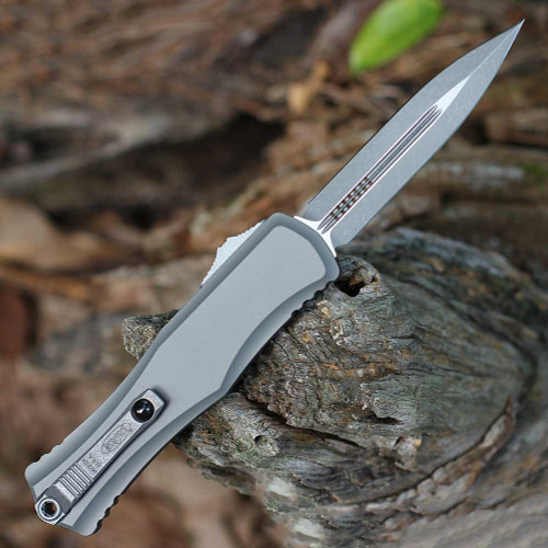 Microtech Herra II D/E (1702-10 APNC) 4" Premium Steel Bead Blasted and Stonewashed Double Edge Dagger Plain Blade, Natural Clear Aluminum Handle w/ Double-Action Thumb Slide