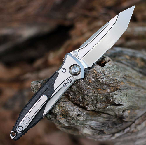 Microtech Socom Bravo Mini (261M-8 CFTI) 3.38" Premium Steel Bead Blasted Tanto Partially Serrated Blade, Bead Blasted Titanium Handle w/ Black Carbon Fiber Inlay