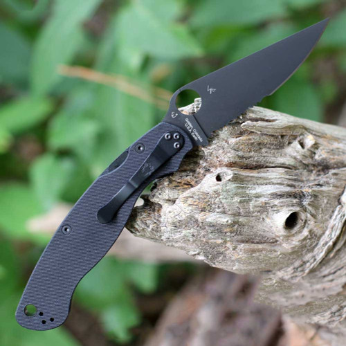 Spyderco Military 2 (C36GPSBK2) - 4.0in DLC Black CPM-S30V Clip Point Partially Serrated Blade, Black Peel-ply G10 Handle