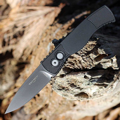Pro-Tech Tactical Response 2 (T221) 3" CPM-MagnaCut Smoky Grey DLC Drop Point Plain Blade, Black Aluminum Handle w/ Textured Corners, front open view