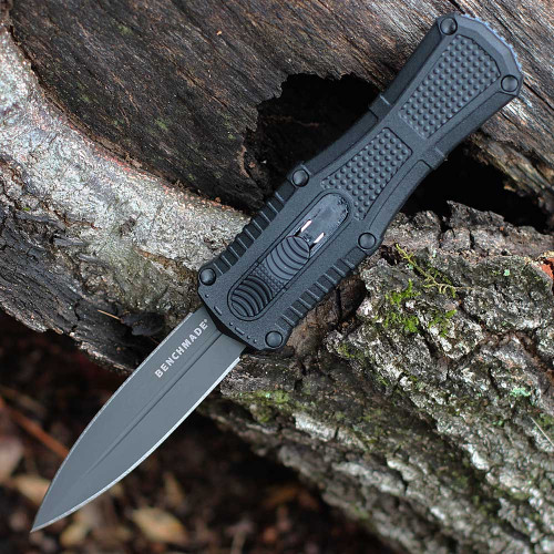 Benchmade Mini Claymore OTF (3375GY) 3" D2 Black PVD Double Edge Dagger Plain Blade, Black Textured Grivory Handle