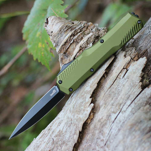 Kershaw Livewire OTF Automatic (9000DEOL) 3.3" CPM-MagnaCut Black Double Edge Dagger Plain Blade, Olive Green 6061-T6 Aluminum Handle