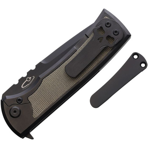 Chaves Redencion 229 (CHAV004) 3.63" Bohler M390 Blackwashed Drop Point Plain Blade, Black Titanium Handle w/ Green Micarta Front and Back Handle Inlay