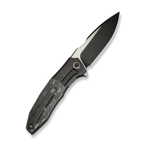 We Knife Archeozoic (WE23091-1) 4" Bohler M390 Blackwashed w/ Satin Flat Drop Point Plain Blade, Black Titanium Handle w/ Black Shredded Carbon Fiber Inlay