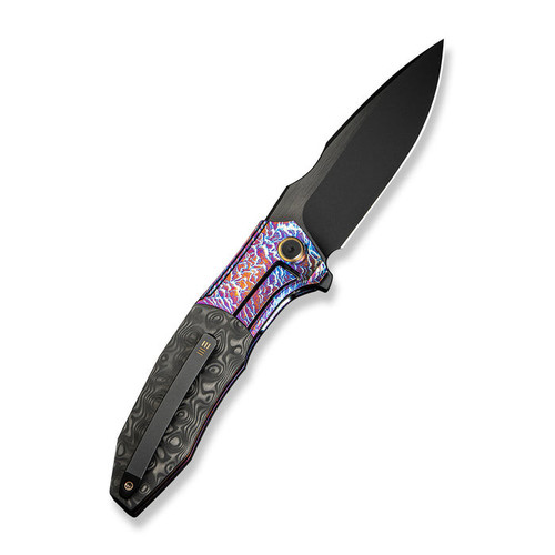 WE Knife Archeozoic (WE23091-3) 4" Bohler M390 Blackwashed Bevels w/ Black Brushed Flats Drop Point Plain Blade, Flamed Titanium Handle w/ Rose Carbon Fiber Inlay