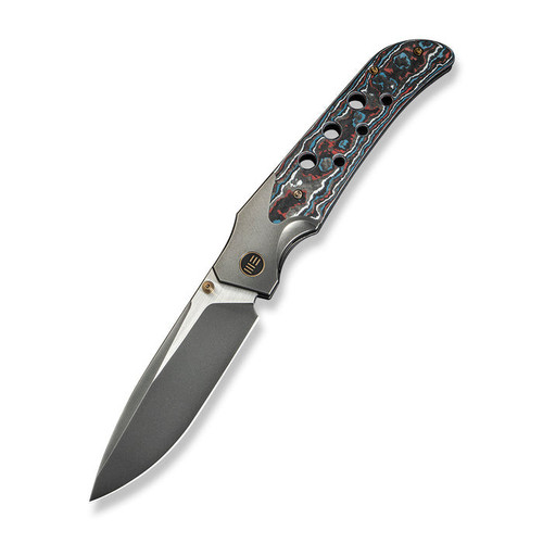 WE Knife WE-Guthrie (WE23072B-3) 3.94" CPM-20CV Polished Gray w/ Satin Flat Drop Point Plain Blade, Polished Gray Titanium Handle w/ Nebula Fat Carbon Inlay